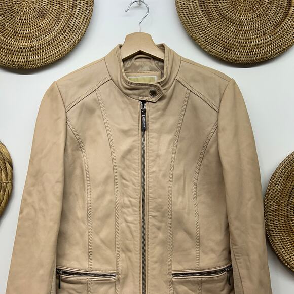 MICHAEL Michael Kors Tan Brown Soft Leather Jacket Medium Zip Up Pockets Lined - Picture 3 of 6